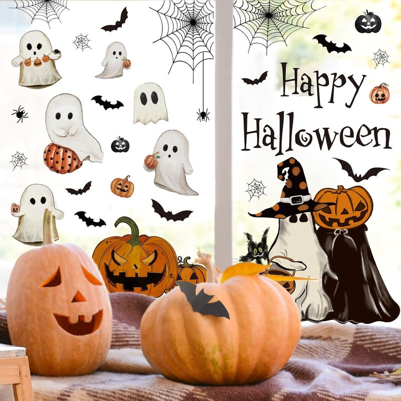 Whaline 6 Sheets Halloween Window Clings Vintage Ghost Evil Pumpkin Bat Reusable Window Decals for Halloween Fall Party Supplies Home Glass Decor - Image 2
